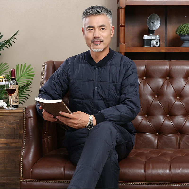 New Autumn and Winter Middle-Aged and Elderly White Duck down Silk Lining Velvet Pants Two-Piece Set Dad Feather Silk Suit Thickeneded Men's Suit