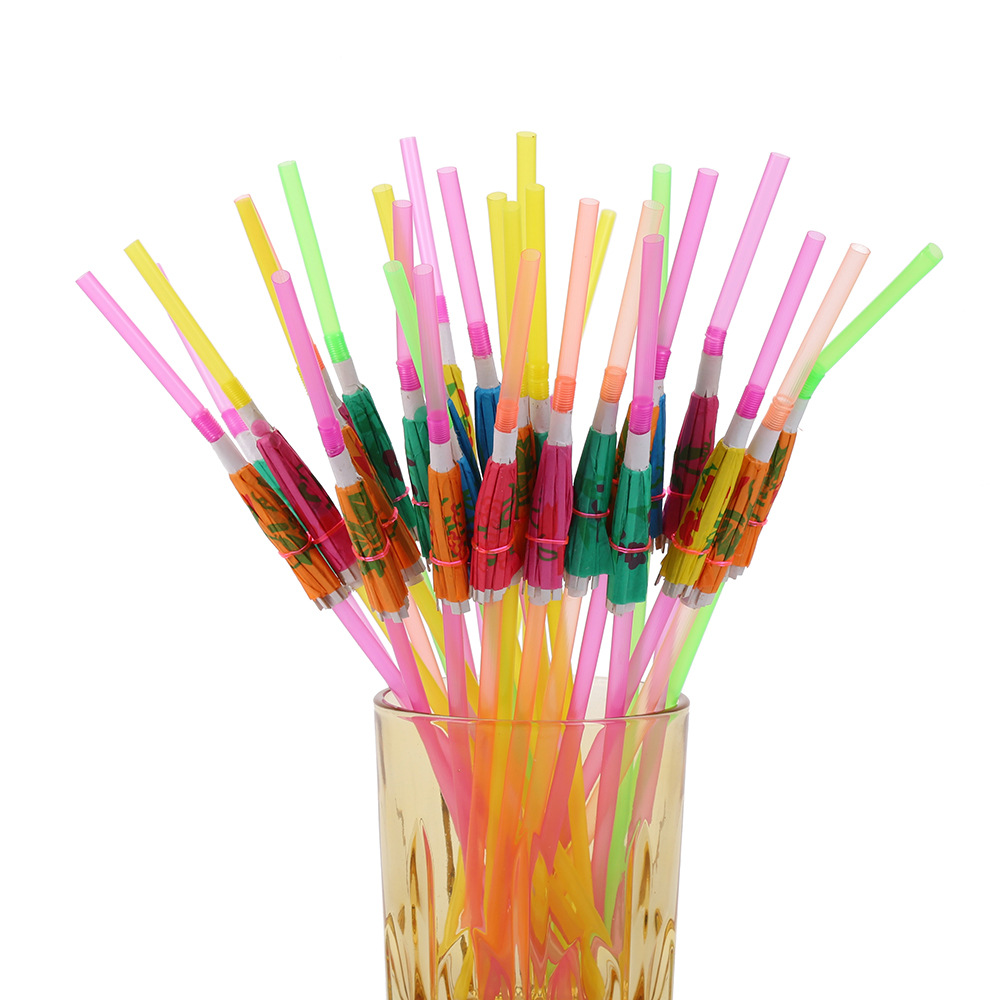 Craft Straw Party Fluorescent Umbrella Hawaiian Color Bar Umbrella Straw Disposable Curved Plastic Straw Spot