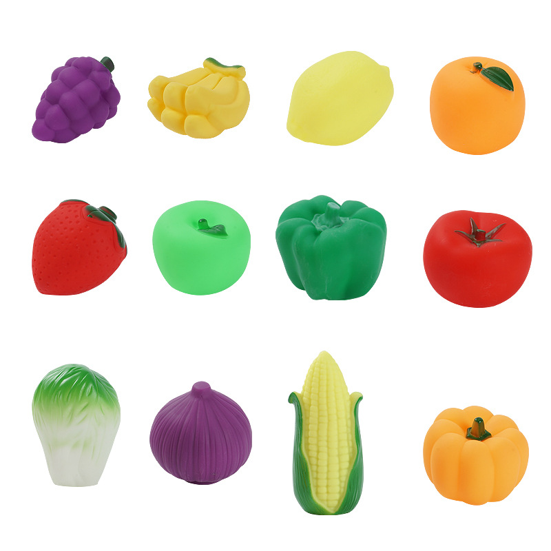 Soft Plastic Simulated Vegetable and Fruit Baby Bath Toy Animal Pinch and Screaming Pinch Music Can Call Cognitive Early Education Toy