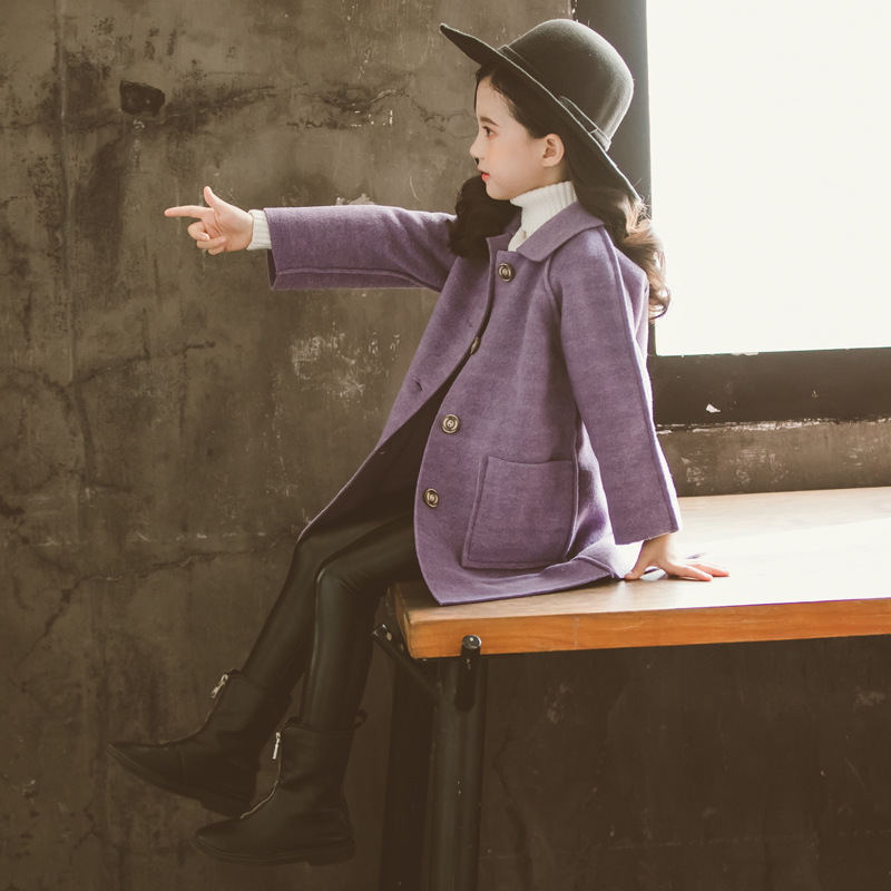 Children's Clothing Girls' Woolen Coats Thickeneded Double-Sided Woolen Coats 2024 New Style Medium and Large Children's Korean Style Mid-Length Coats Trendy