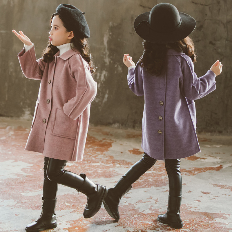 Children's Clothing Girls' Woolen Coats Thickeneded Double-Sided Woolen Coats 2024 New Style Medium and Large Children's Korean Style Mid-Length Coats Trendy