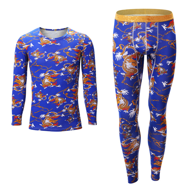 Suit Bottoming Men's Warm Trousers Mid-Waist Thin Slim Fit Pure Cotton Printed Underwear Autumn Trousers All-In-One Men's Leggings