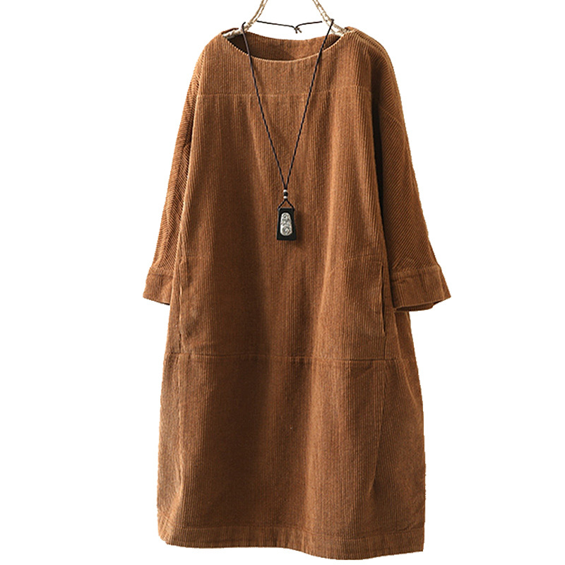 Mia's New Autumn and Winter Corduroy Retro Casual Pure Color Dress Loose Dress Fat Sister Women's Clothing