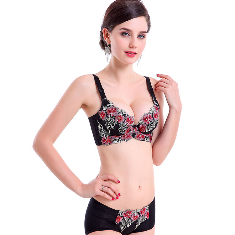 Embroidered Underwired Sexy Adjustable Women's Small Breast Thick Cup Push-Up Intimates Bra Large Size Thick and Thin Set
