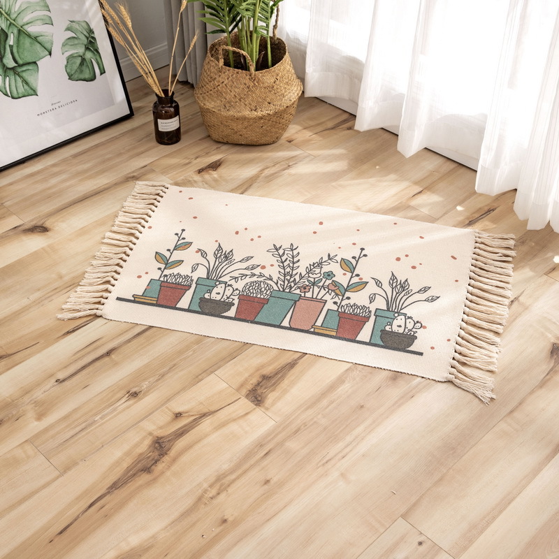 Retro Ethnic Style Tassel Floor Mat Scandinavian Simple Cotton and Linen Door Mat Bedroom Bedside Foot Mat Living Room Coffee Table Carpet