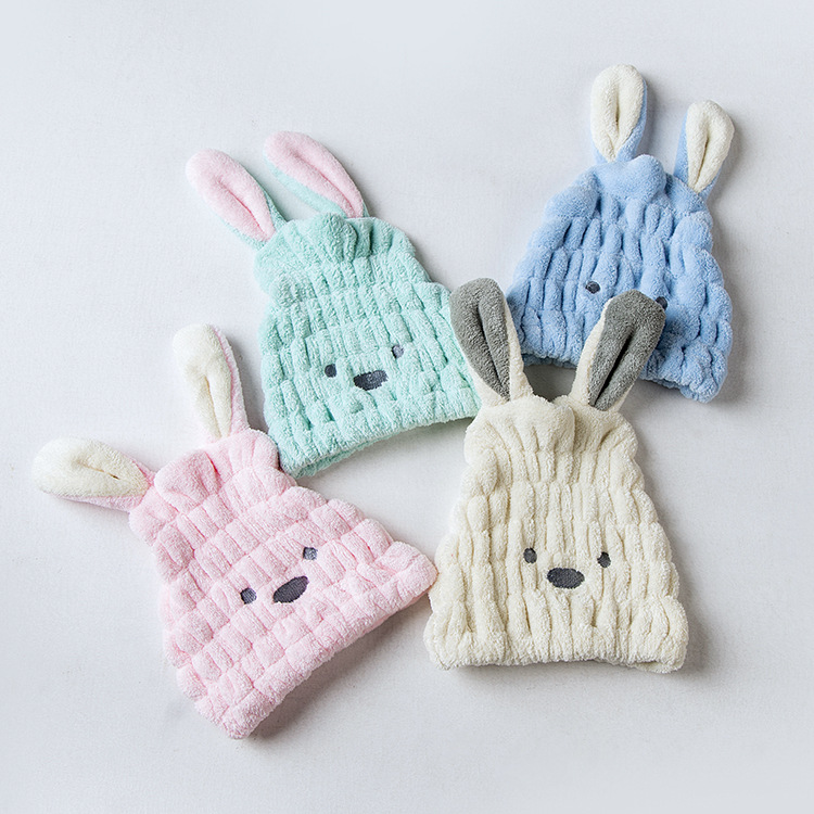 Children's coral fleece cartoon shower cap rabbit ears hair drying cap wholesale adult female hair drying towel one-piece delivery