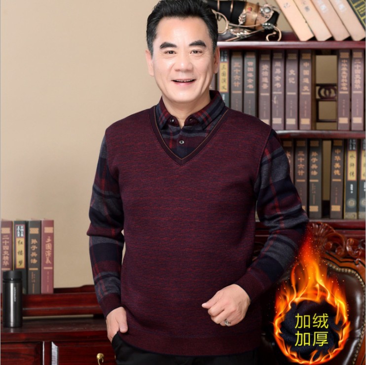 Middle-aged fleece-lined thickened sweater men's middle-aged and elderly men's fake two-piece T-shirt dad winter knitted warm top
