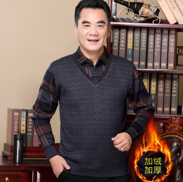 Теплый свитер для мужчин среднего возраста с утеплителем, фальшивый комплект, зимняя вязаная одежда