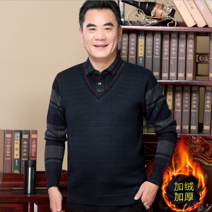 Middle-aged fleece-lined thickened sweater men's middle-aged and elderly men's fake two-piece T-shirt dad winter knitted warm top