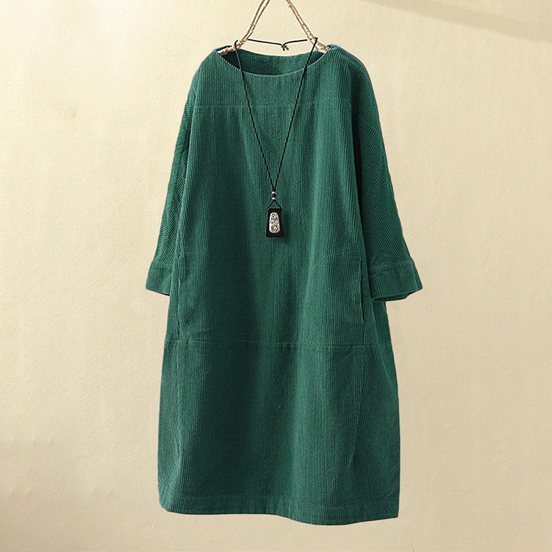 Mia's New Autumn and Winter Corduroy Retro Casual Pure Color Dress Loose Dress Fat Sister Women's Clothing