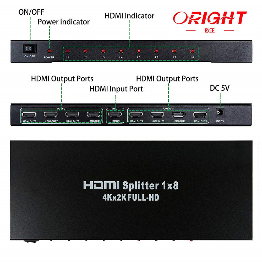 Manufacturer Supply HDMI Splitter 1 in 8 Out 8-Port Hd Splitter 1080P 4K 1X8 with Audio
