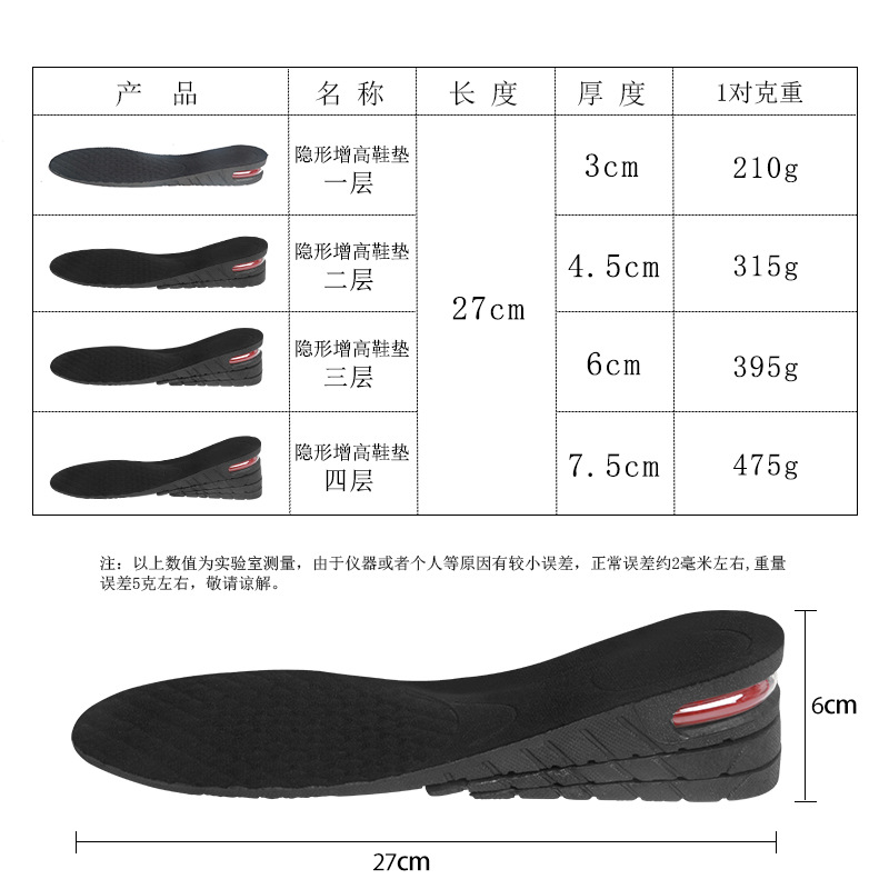 Inner heightening insole invisible air cushion heightening insole full cushion comfortable men's and women's 3cm5cm7cm