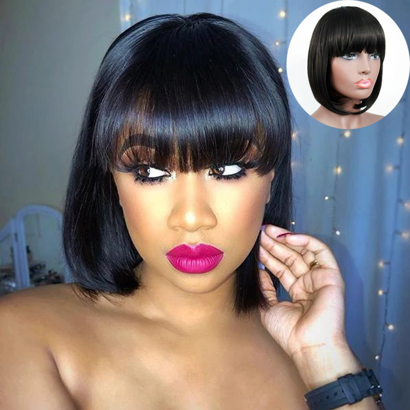 Cross-border European and American wig women's short hair bobo head flat bangs fluffy natural African wig set in stock factory wholesale