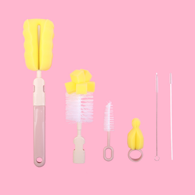 Moon boat six-piece straight handle six-in-one bottle brush sponge brush nipple brush suit bottle cleaning brush