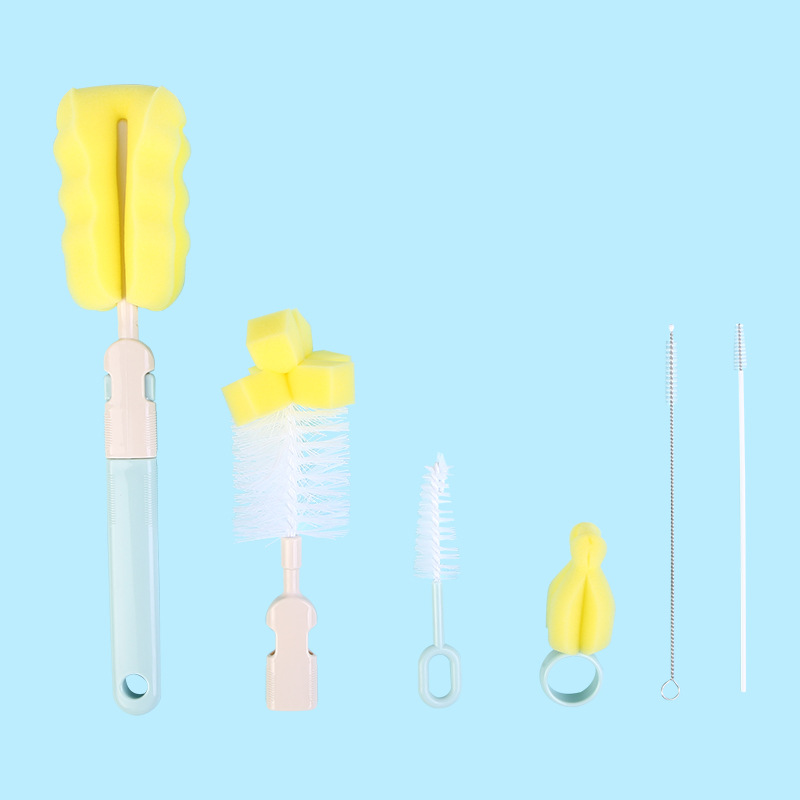 Moon boat six-piece straight handle six-in-one bottle brush sponge brush nipple brush suit bottle cleaning brush