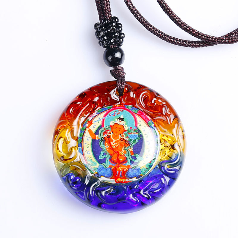 Glass Thangka Pendant Xizang Buddha Card Hand-painted Manjusri Bodhisattva Pendant Jewelry Buddha Necklace Pendant