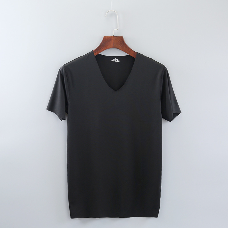 Men's Seamless T-Shirt Ice Silk Casual Half-Sleeved V Neck Bottoming Shirt Quick-Drying Short-Sleeved