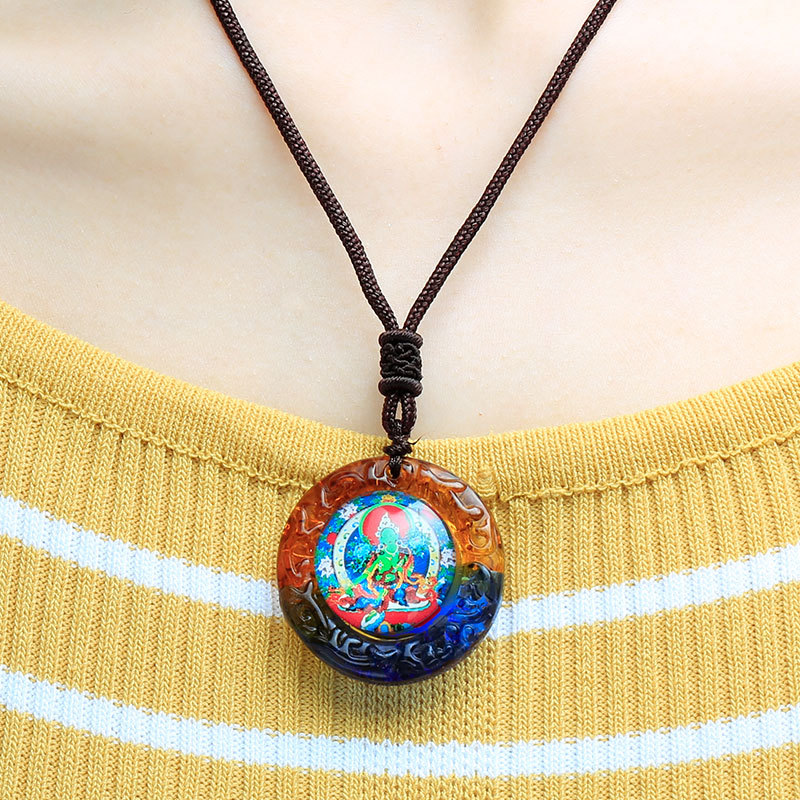 Glass Thangka Pendant Xizang Buddha Card Hand-painted Manjusri Bodhisattva Pendant Jewelry Buddha Necklace Pendant