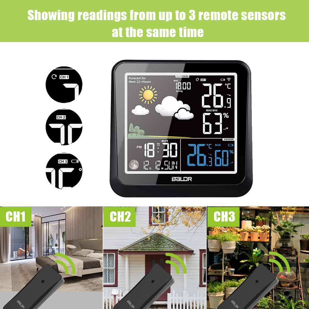 Baldr color screen weather clock wireless indoor and outdoor temperature and humidity meter LCD multi-function alarm clock barometric moon phase calendar
