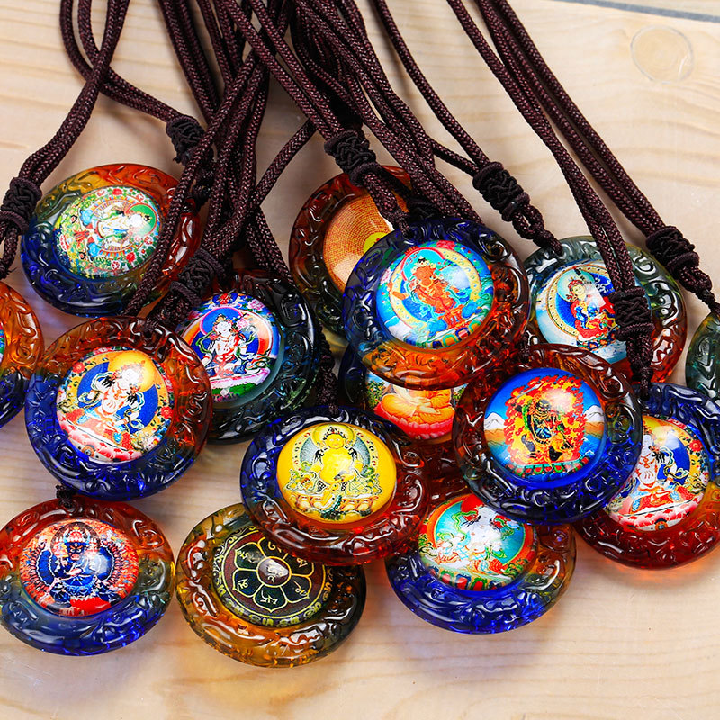Glass Thangka Pendant Xizang Buddha Card Hand-painted Manjusri Bodhisattva Pendant Jewelry Buddha Necklace Pendant