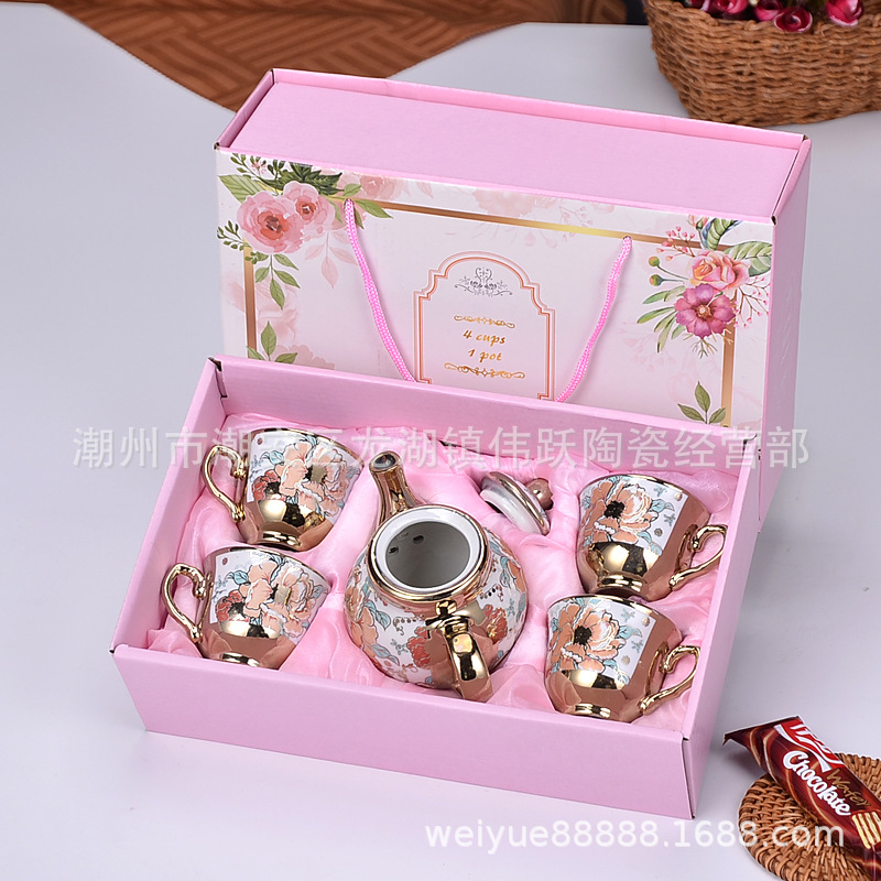 European-style gold-plated ceramic tea set cross-border electroplating coffee cups and saucers will sell gifts a pot of four cups gift box