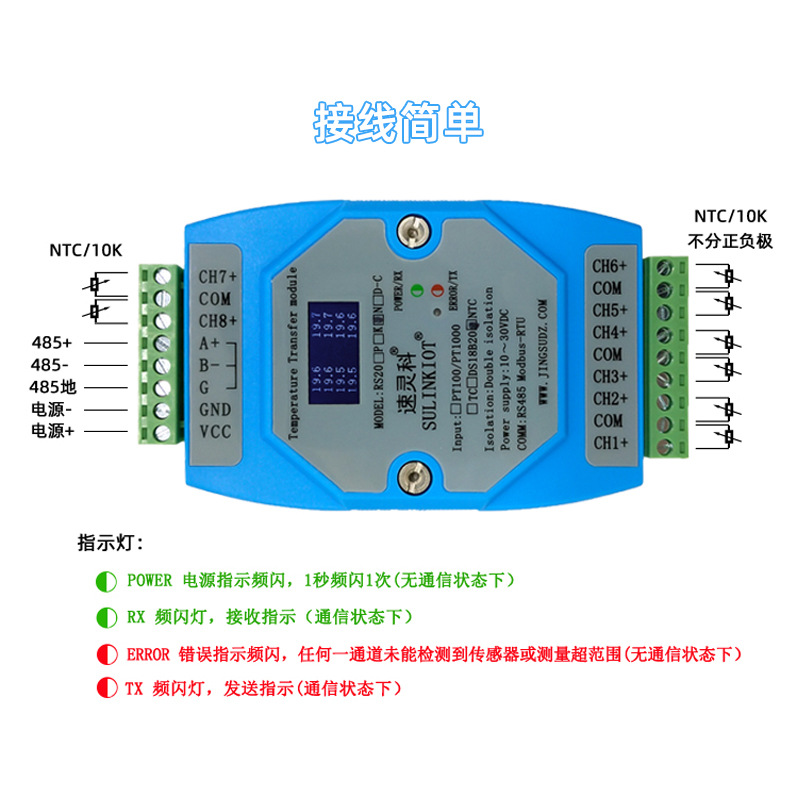 Sulingke 8-Channel Ntc Temperature Transmitter 10K Thermistor to Rs485 Temperature Acquisition Module with Isolation