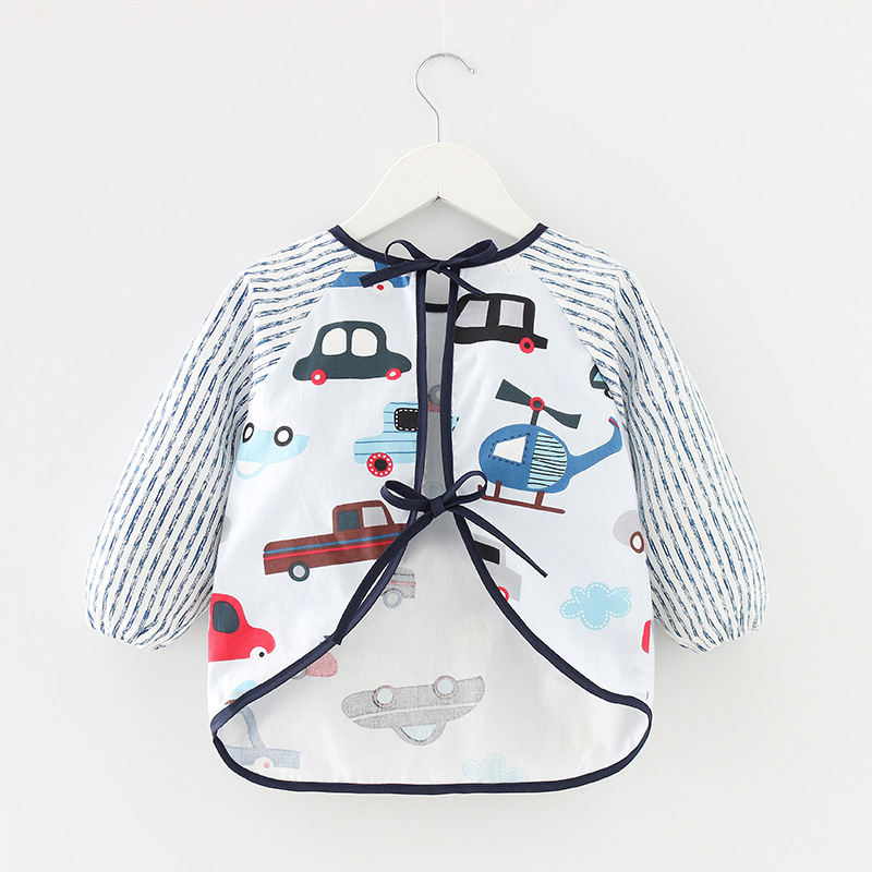 Children's Smock Waterproof Long-Sleeved Reverse Dressing Baby Eating Clothes Apron Pure Cotton Kidsren's Bib Protective Clothing with Rice Pocket