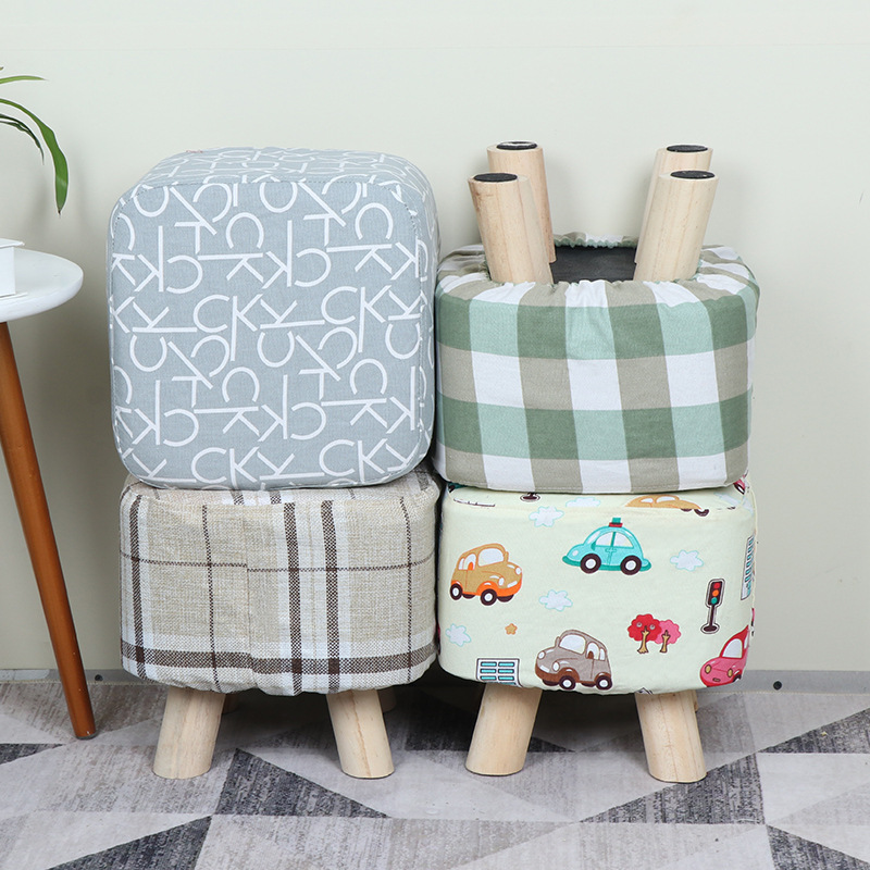 Cartoon Square Stool Solid Wood Stool Shoe Changing Stool Fabric Low Stool Advertising Gift Small Stool Household Removable and Washable Sofa Stool