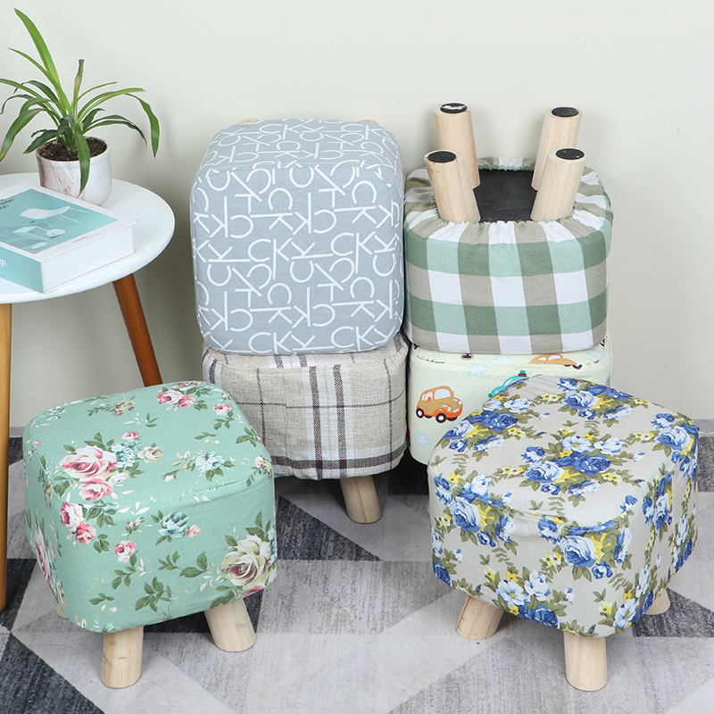 Cartoon Square Stool Solid Wood Stool Shoe Changing Stool Fabric Low Stool Advertising Gift Small Stool Household Removable and Washable Sofa Stool