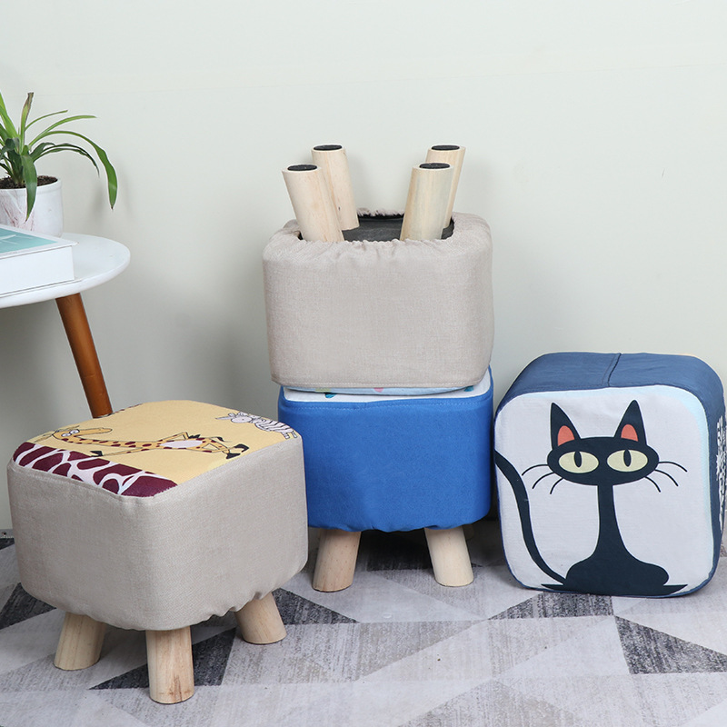 Cartoon Square Stool Solid Wood Stool Shoe Changing Stool Fabric Low Stool Advertising Gift Small Stool Household Removable and Washable Sofa Stool