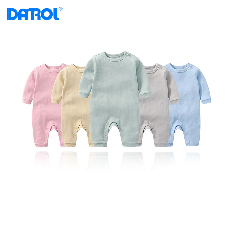 Spring and autumn baby pure color shoulder buckle long-sleeved romper men's and women's baby cotton one-piece long-leg romper factory direct sales