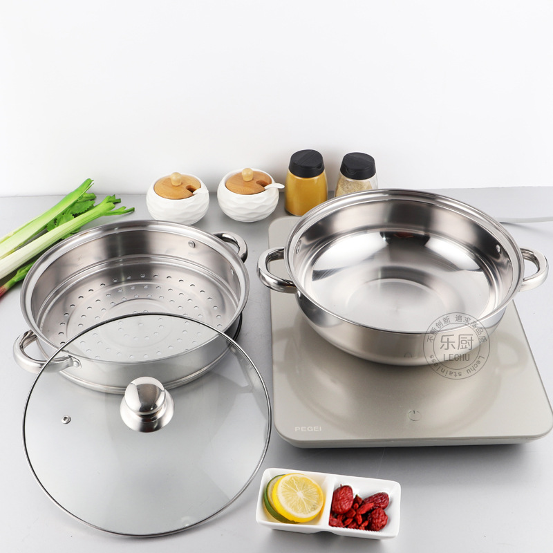 Thickened Stainless Steel Pot Two-Layer Soup Steamer 28cm Induction Cooker Pot Steaming Hot Pot Home Steaming Soup Pot Gift Pot