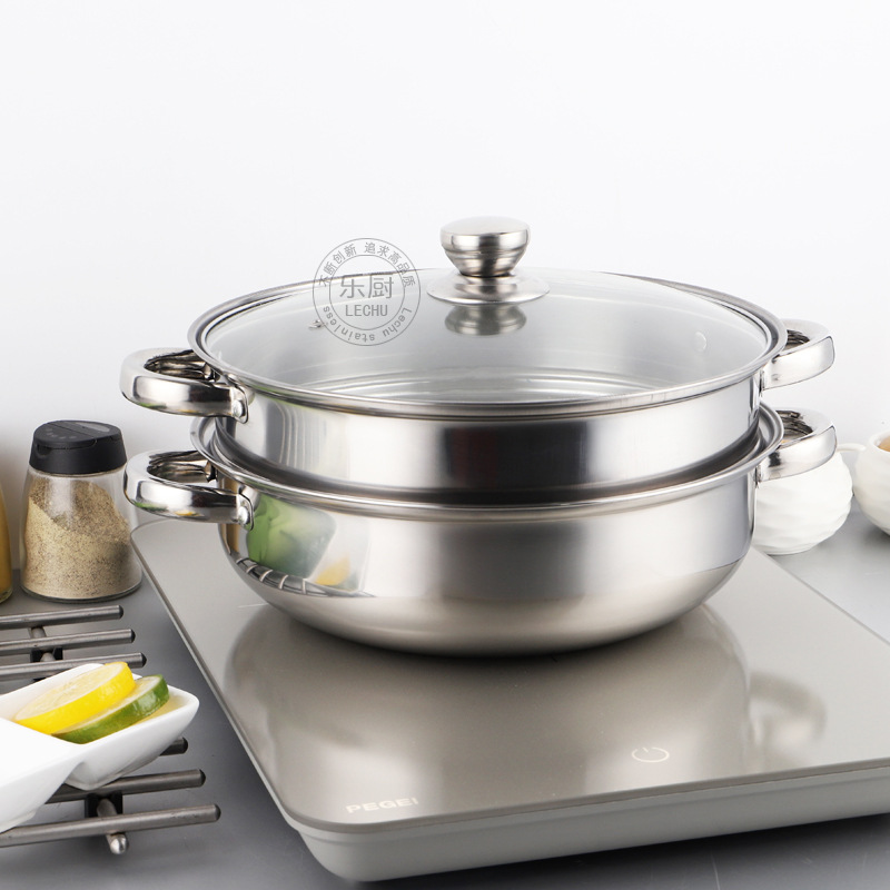 Thickened Stainless Steel Pot Two-Layer Soup Steamer 28cm Induction Cooker Pot Steaming Hot Pot Home Steaming Soup Pot Gift Pot