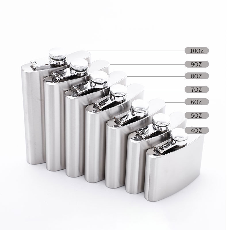 Classic portable hip flask stainless steel 201 material 3 to 10 oz plastic lid brushed silver color 1-2oz keychain