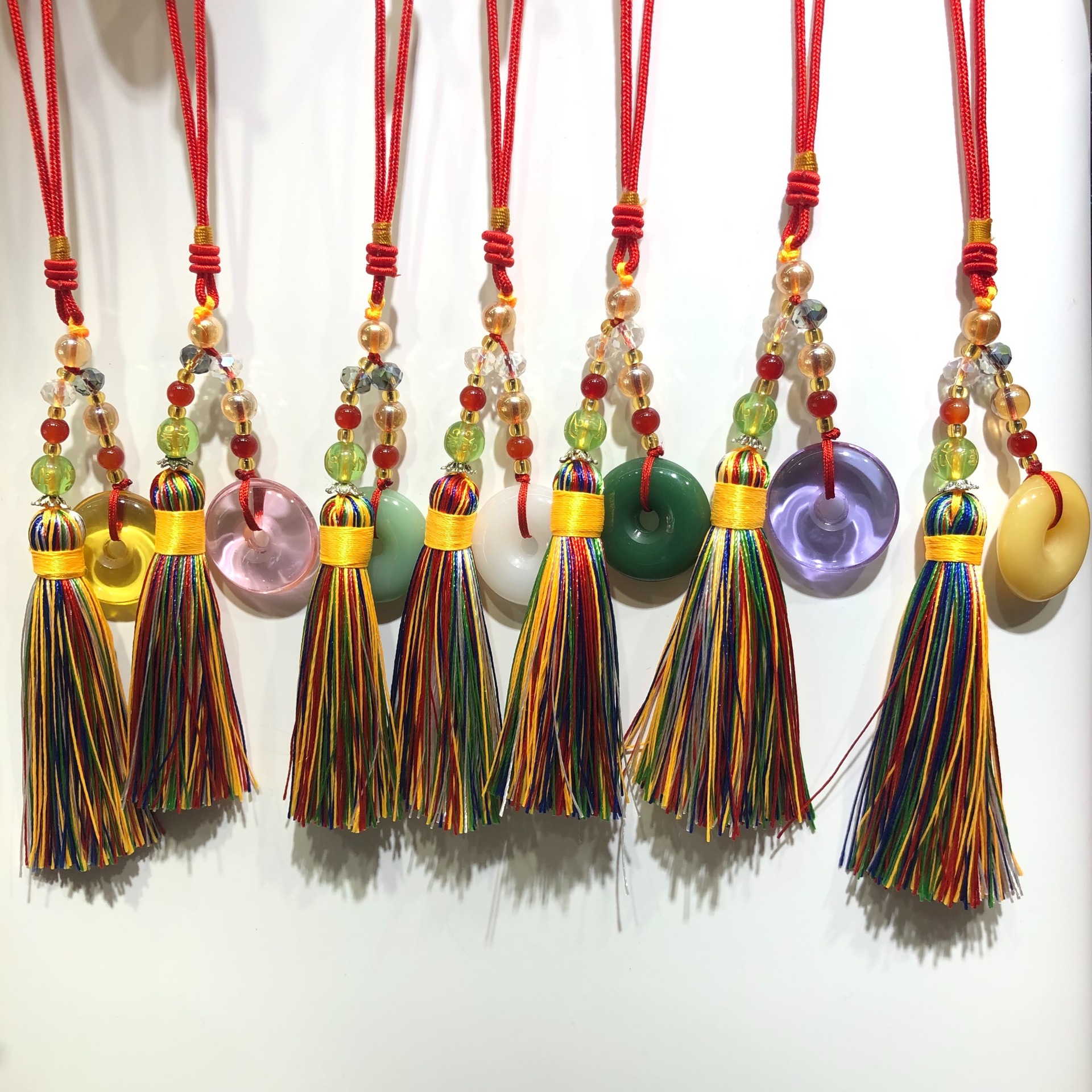 New Jade-like Glass Seven-color Small Ping An Buckle Pendant Colorful Tassel Car Mobile Phone Bag Key Decorative Pendant