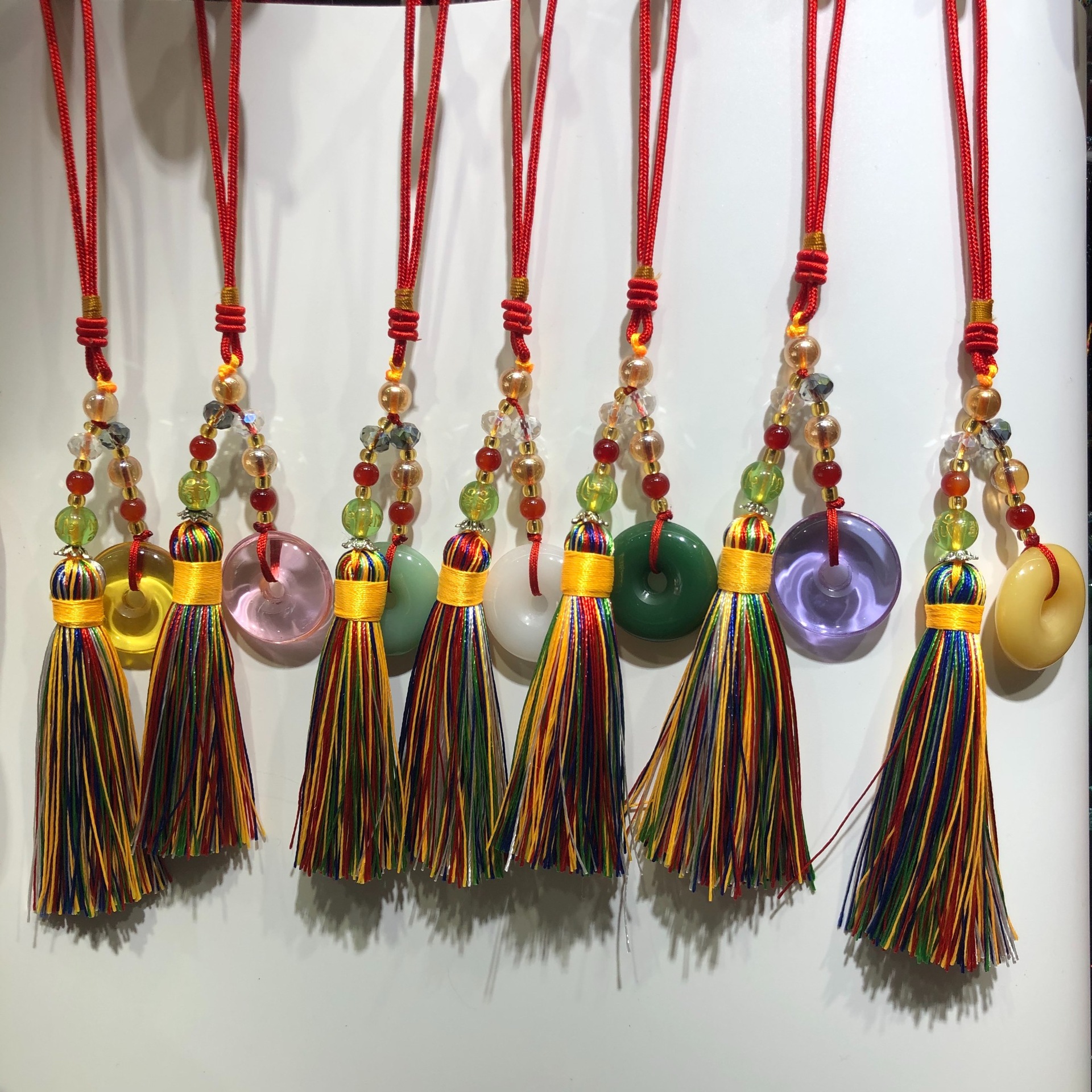 New Jade-like Glass Seven-color Small Ping An Buckle Pendant Colorful Tassel Car Mobile Phone Bag Key Decorative Pendant