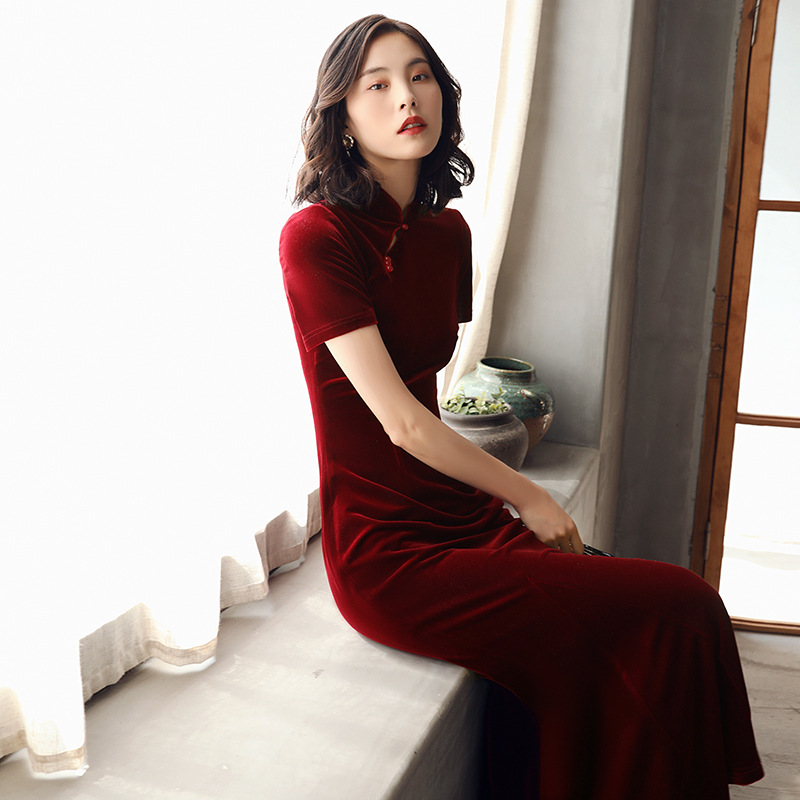Платье Фанмою Фиштейл в китайском стиле, полудлинное чунцзян, красное бархатное свадебное платье, новый китайский стиль