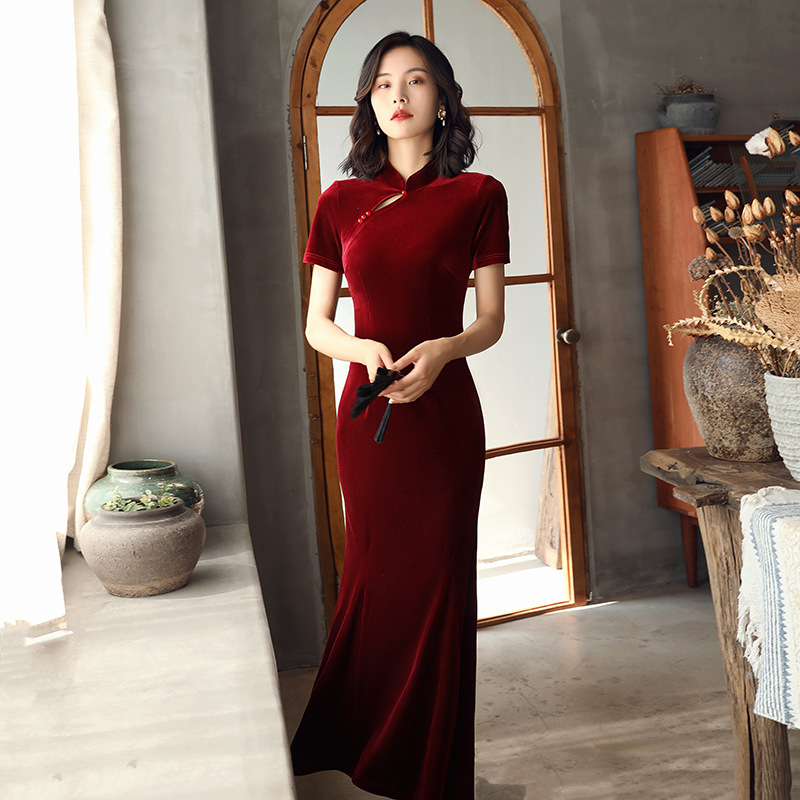 Fangmoyu Fishtail Chinese-Style Toast Dress, Mid-Length Cheongsam, Red Wedding Velvet Dress, New Chinese Style
