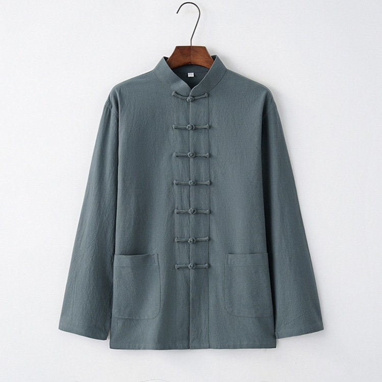 Chinese Style Men's Clothing Tang Suit Men's Long-Sleeved Youth Middle-Aged Chinese Style Retro Ethnic Clothing Base-Layer Shirt Zen Clothing Tea Clothing