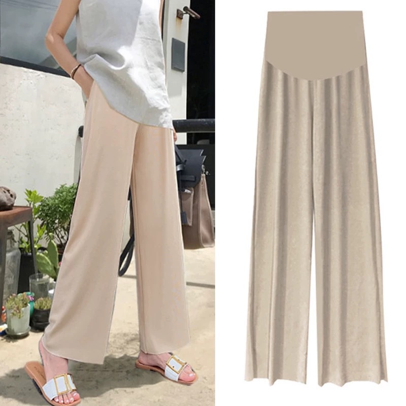 Summer Maternity Wear, Summer Cool Ice Silk Pants, Wide-Leg Pants, Thin Outer Wear, Loose Pleated Maternity Nine-Point Pants