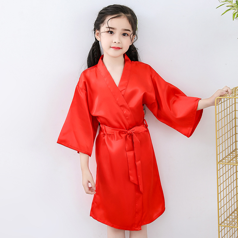 Cross-border Ice Silk children's pajamas summer thin silk-like girl's nightgown kimono middle and big children's homewear bathrobe