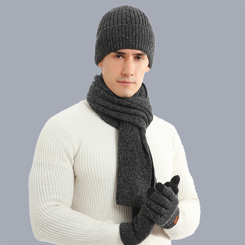 European and American Cross-Border Autumn and Winter Warm Suit Mixed Color Knitted Wool Thickened Hat Scarf Gloves Three Pieces Factory Ready Stock