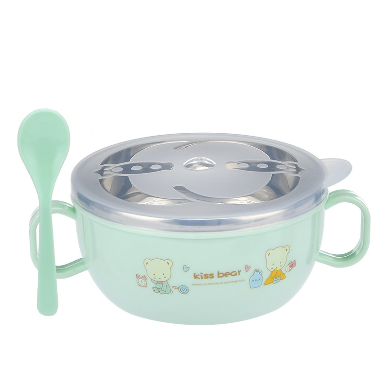 Factory spot handle with lid baby stainless steel Children's bowl cartoon heat insulation bowl with spoon