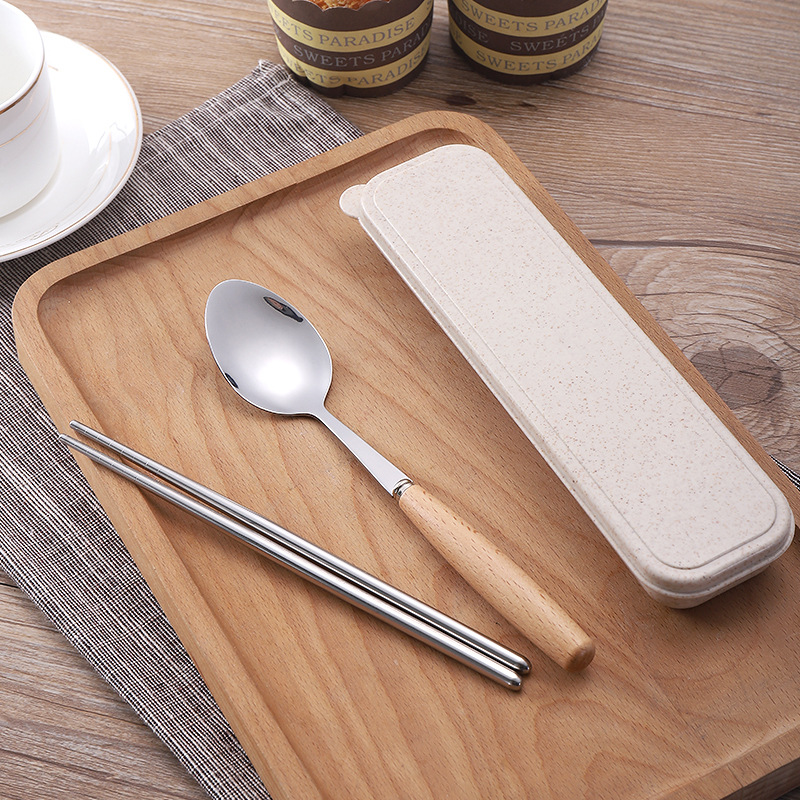 Japanese-style wooden handle tableware stainless steel spoon Fork chopsticks three-piece set student Outdoor gift portable tableware set