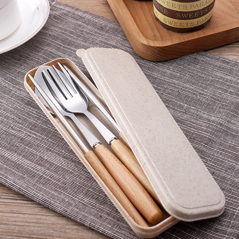 Japanese-style wooden handle tableware stainless steel spoon Fork chopsticks three-piece set student Outdoor gift portable tableware set