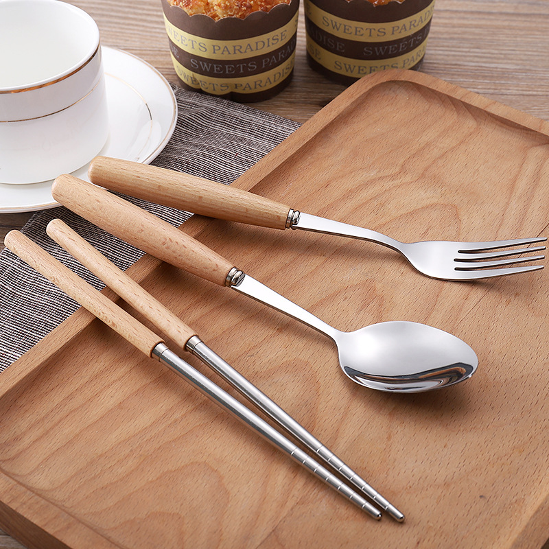 Japanese-style wooden handle tableware stainless steel spoon Fork chopsticks three-piece set student Outdoor gift portable tableware set