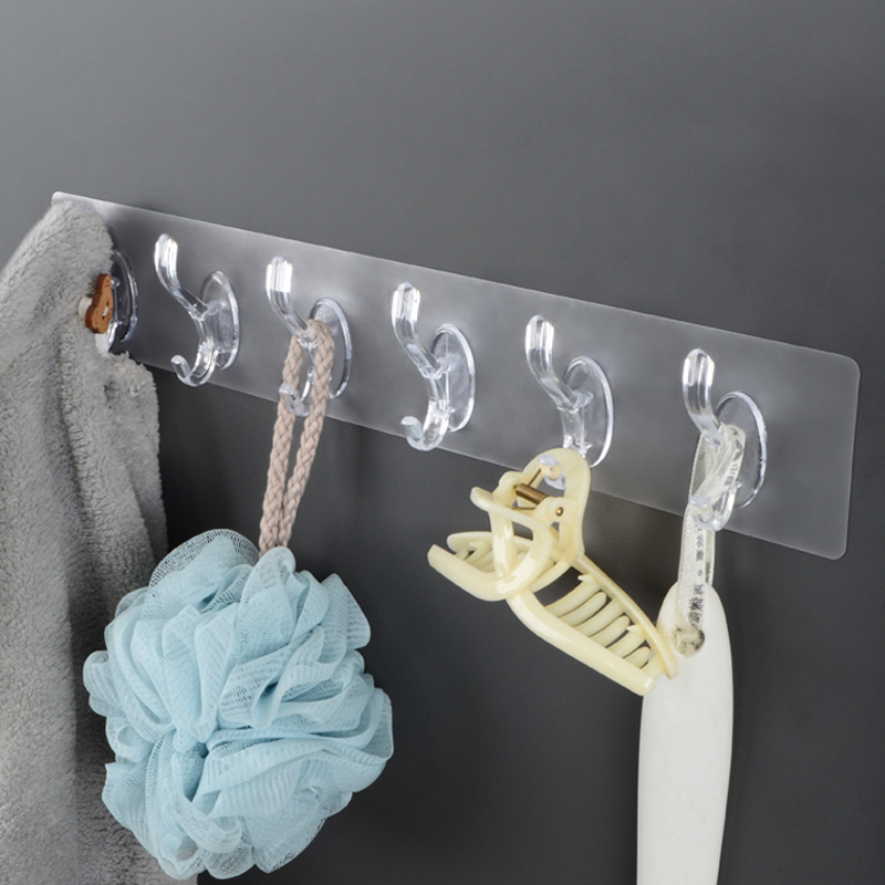 Transparent seamless hook punch-free with row sticky hook rack bathroom door rear hanger kitchen six-piece corner hook