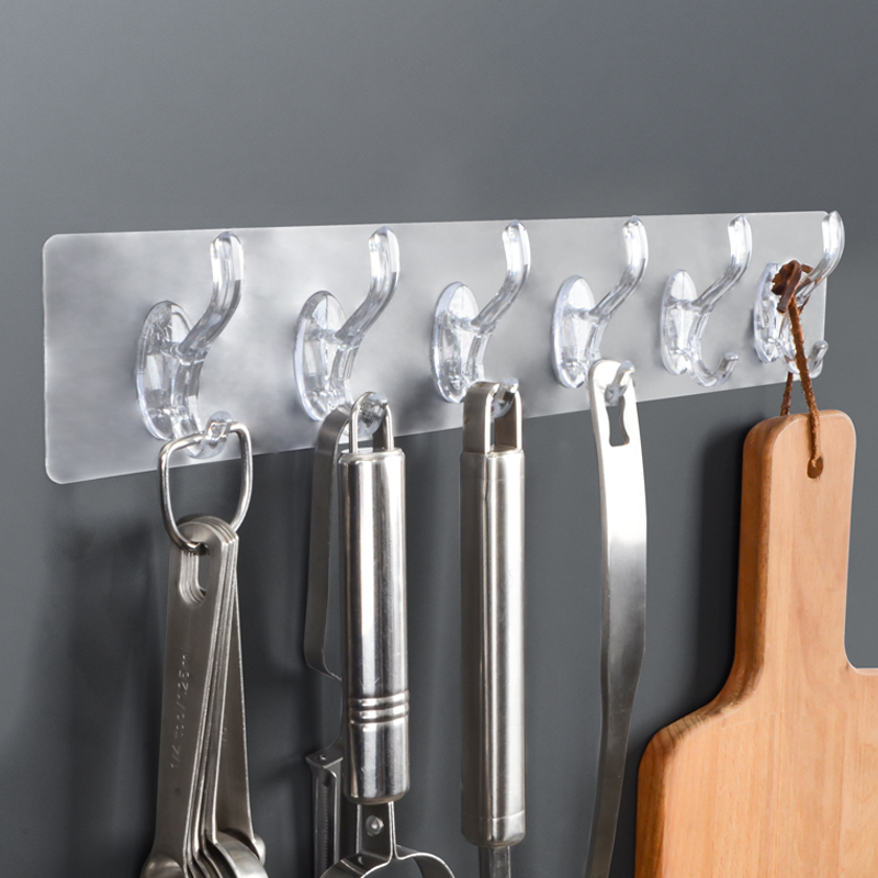 Transparent seamless hook punch-free with row sticky hook rack bathroom door rear hanger kitchen six-piece corner hook