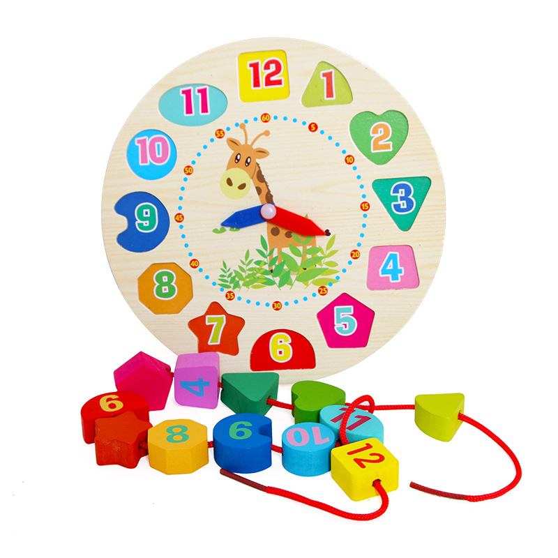 Wooden Children Digital Animal Clock String Digital Geometric Cognitive Alarm Clock Building Blocks Toy