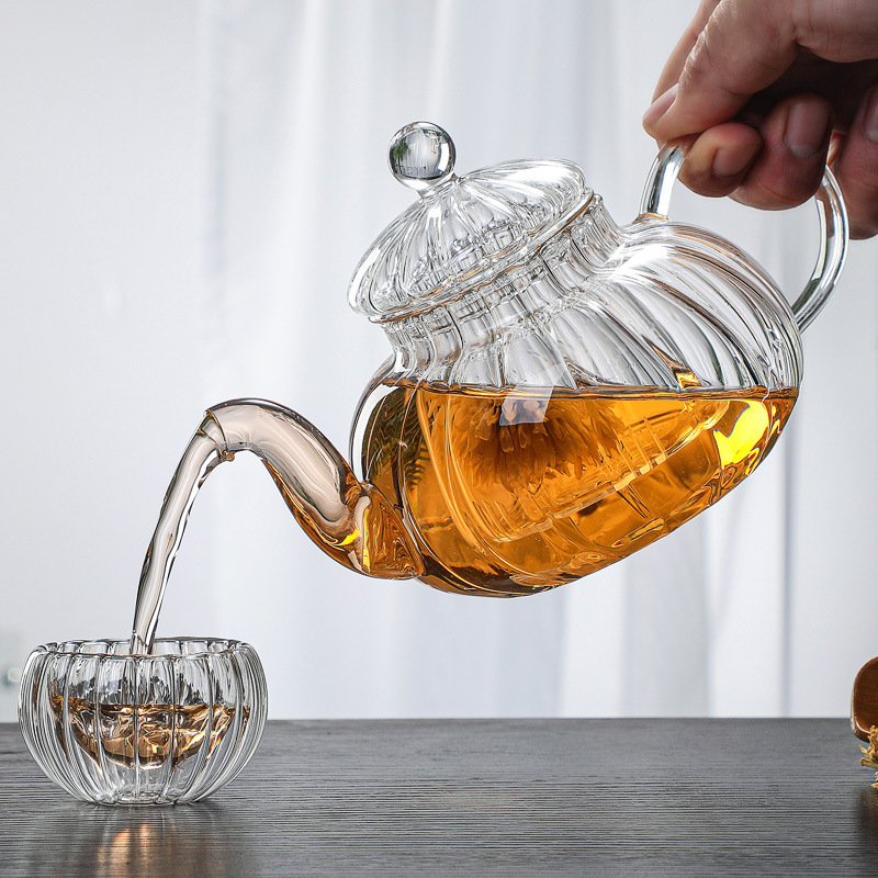 Heat-Resistant Glass Teapot Stripesd Pot Filter Pumpkin Teapot Transparent Flower Teapot Household Glass Teapot Health Care